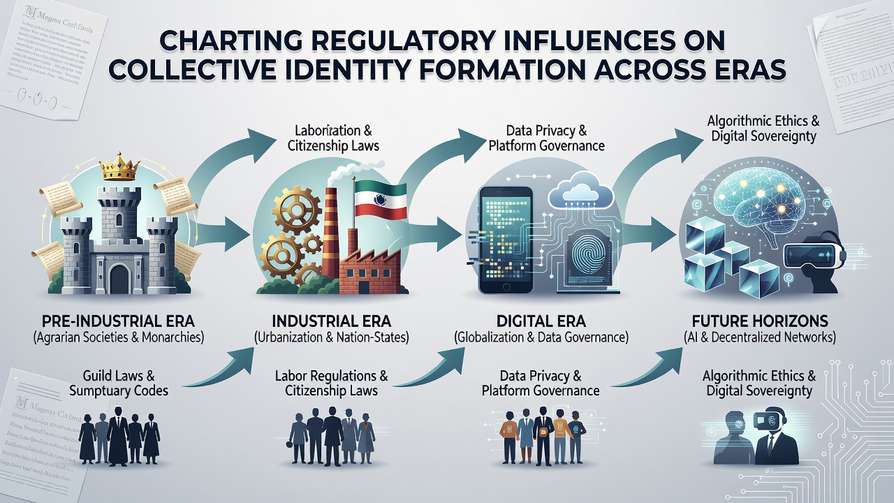 Comparative infographic of regulatory impacts on digital and physical community identities in the 21st century